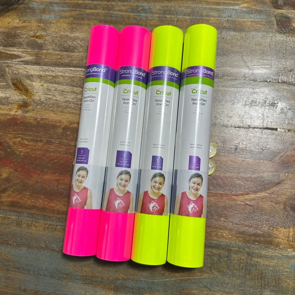 Cricut SportFlex Iron-On Vinyl Bundle 4 Roll Neon Pink Yellow 11.8x24 StrongBond